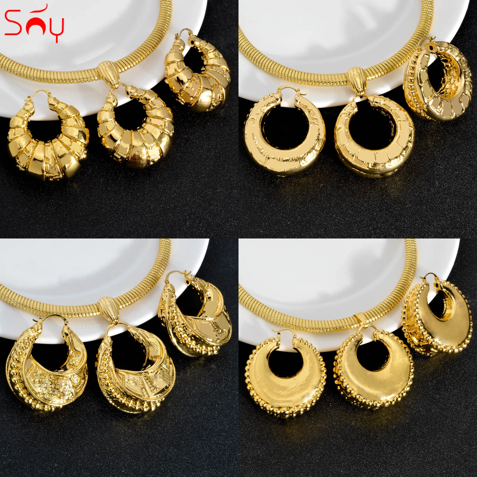 

Sunny Jewelry Sets For Women Copper Pendent Necklace Earrings Dubai 18K Gold Plated Big Geometry Spiral Charm Wedding Party Gift