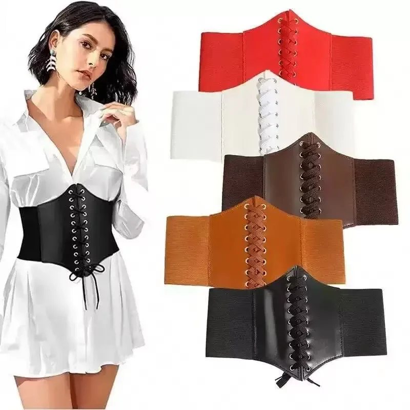 1pc Women's Corset Belt Fashion PU Leather Female Lace-up Corset Belts Slimming Waist Vintage Corset Black Wide Belt for Girl