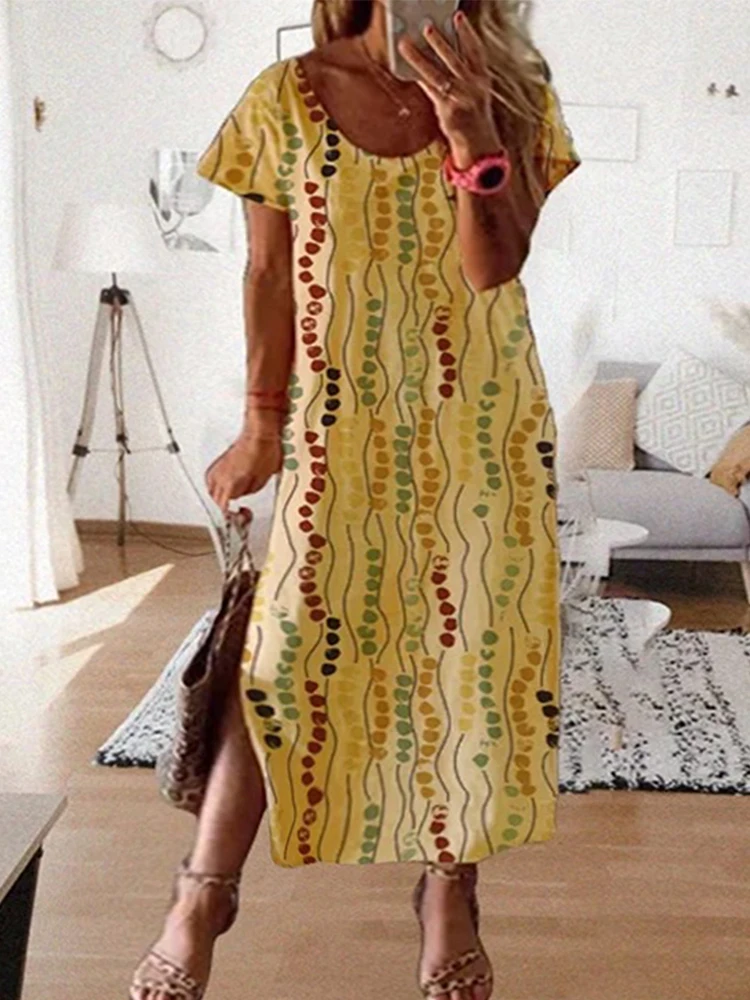 Vestido midi estampado amarillo de talla grande, vestido largo maxi holgado de manga corta con cuello redondo, atuendo informal de verano para vacaciones diarias para mujer