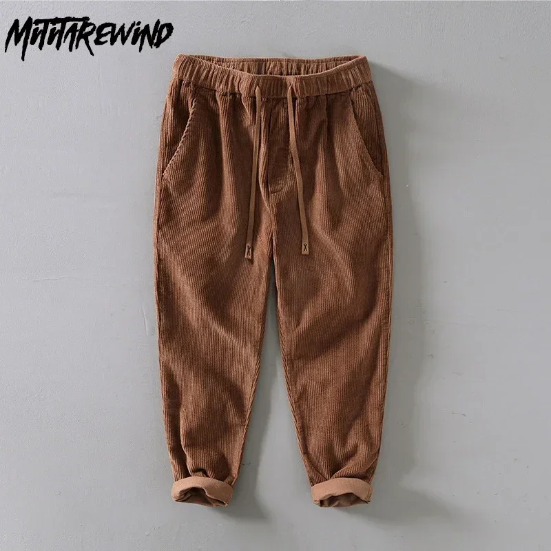

Fall Winter Pants Men Daily Casual Pants Pure Cotton Drawstring Elastic Waist Straight Trousers Japan Retro Corduroy Pants Man