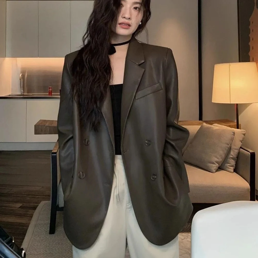 Spring Autumn Women Korean Casual Leather Jacket High-end Fashion Simple Suits Soft Leather Jacket Female PU Leather Blazer Coat