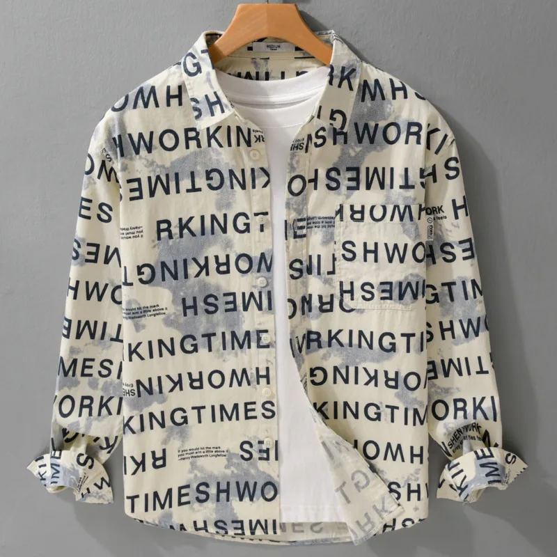 Autumn men's fashion trend letter graffiti print design simple and versatile casual loose and trendy lapel long sleeved shirt