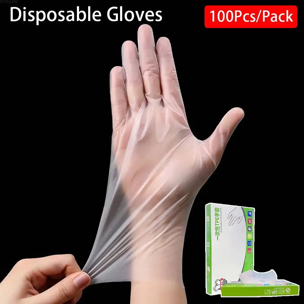 100Pcs Disposable Latex Free Gloves Disposable Transparent TPE Gloves Non-Slip Acid Work Safety Food Grade Cleaning Gloves