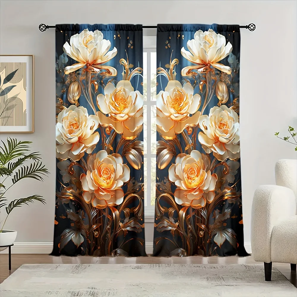 Opulent White Rose Floral Pattern Baroque Luxury Curtains Polyester Window Drapes for Bedroom Living Room Home Decor