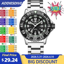 ADDIESDIVE Waterproof Men's Watch Black Stainless Steel Miyota2115 Sports Luminous Quartz Wristwatch Date Fashion Reloj Hombre