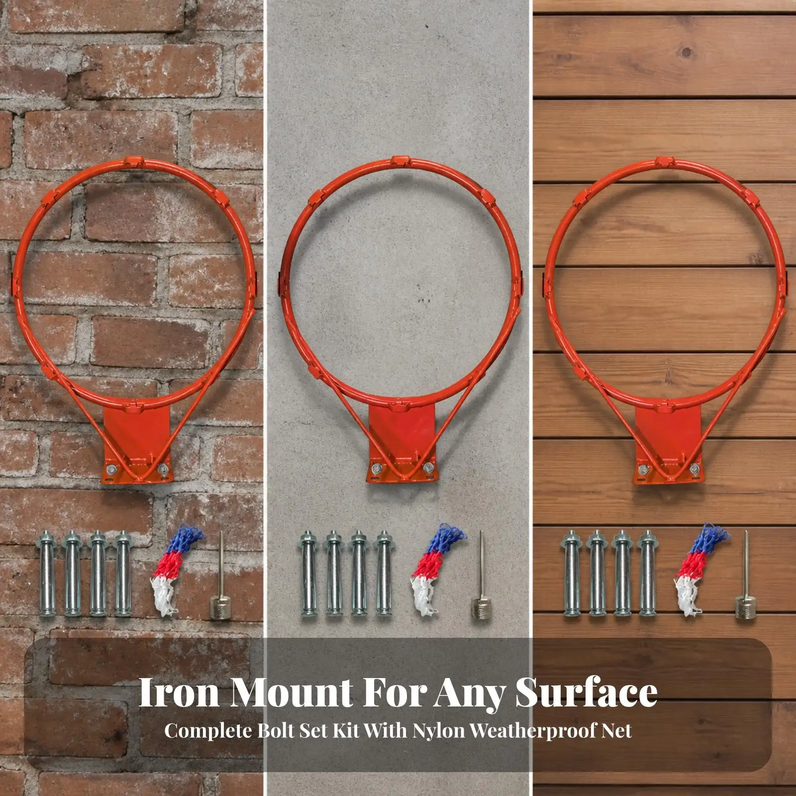 Iron Kids Basketball Ring Wall Mounted Hoop Set with Net for Indoor Outdoor Family Recreation Training