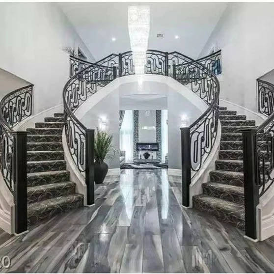 سلم حلزوني حديث مخصص مع درابزين معدني من الحديد المطاوع على شكل قوس زجاج منحني للشقق #4