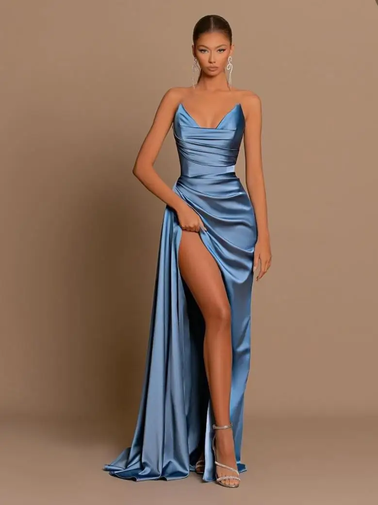 

Sheath Dusty Blue Slit Prom Dresses Sweep Train One Shoulder Evening Dress Wedding Guest Dress Abendkleider Robes De Soirée