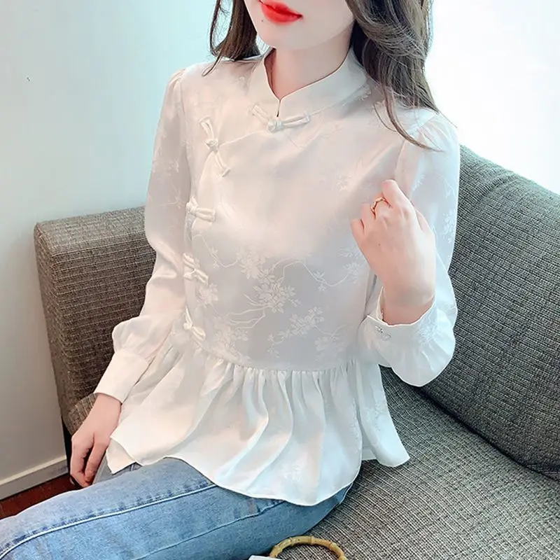 Pan Buttoned Long Sleeved New Chinese Style Chiffon Shirt for Women Covering the Stomach to Show Off Weight Chinese Style Top