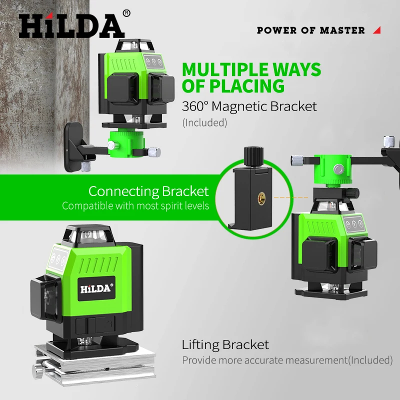 Hilda 16 Lines 4D Laser Level  Green Laser Beam Self-Leveling 360 Vertical Horizontal with Receiver Tripod