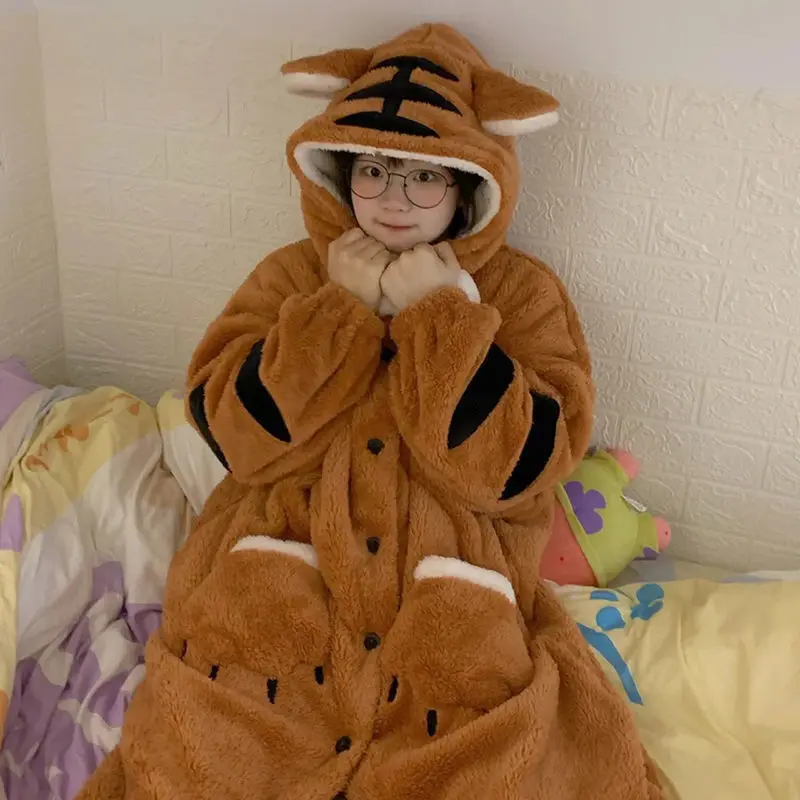 Kawaii Tiger Animal Nightgown Women Winter Warm Bathrobe Sleepwear Anime Cosplay Pajamas Cute Cartoon Homewear Long Nightdress