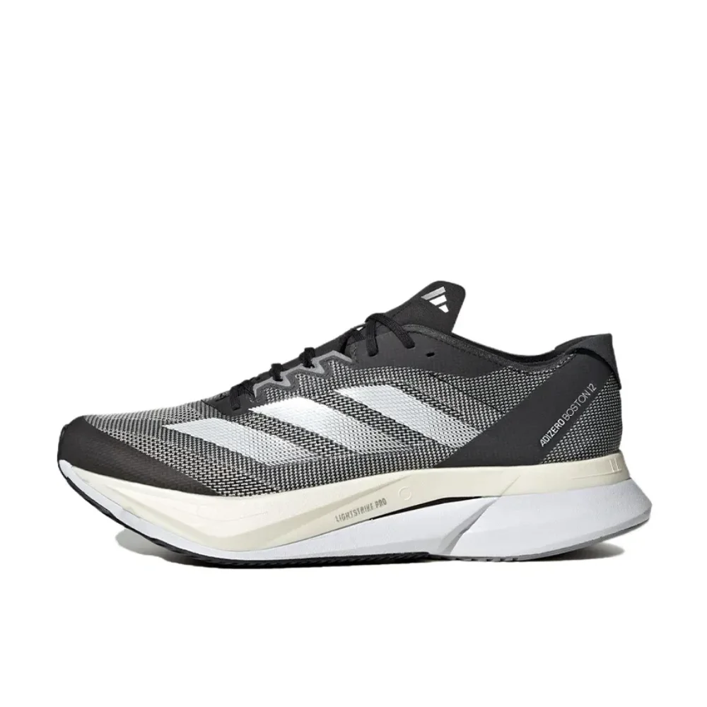 Adidas Running Shoes Adizero Boston 12 Low Top Shock Absorbing Sneakers Men's and Women's Gray and Silver Colorways