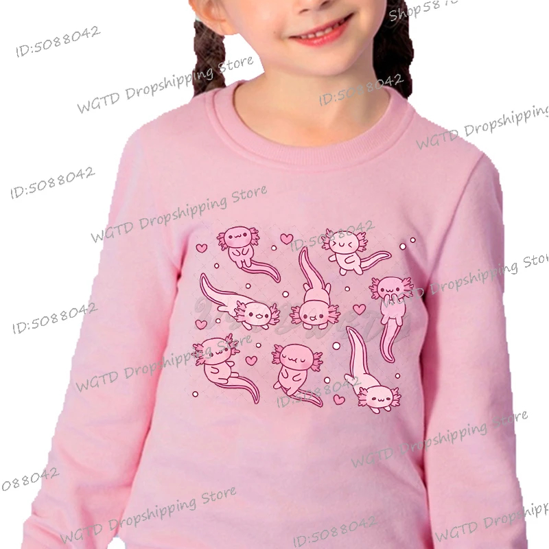 Y2K Axolotl Sweatshirts Fashion Kids Long Sleeve Cartoon Axolotl Tracksuit Cute Axolotl Drinking Bubble Tea Boys Girls Pullover