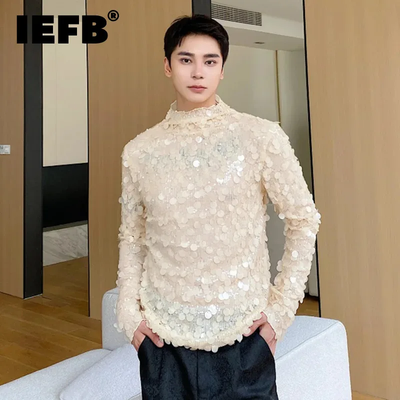 

IEFB Sequin T-shirts Men's Wear Elgance Men Long Sleeve Top Autumn Trend Stand Neck Slim Male Tees Chic Personality New 9C2612