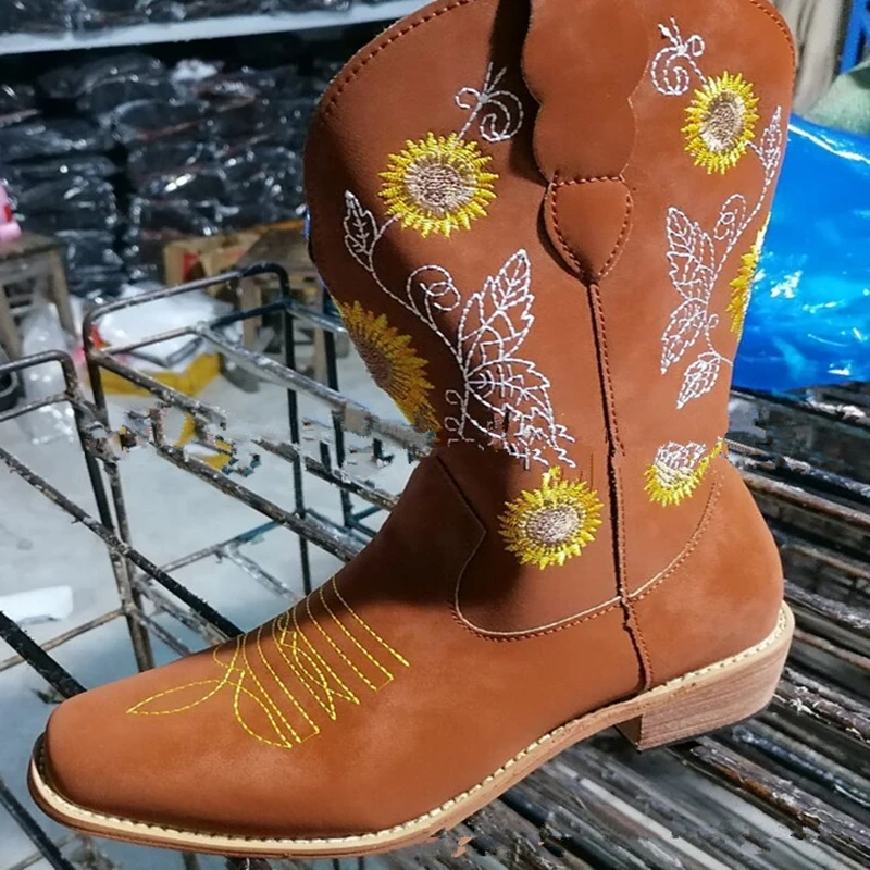 SIMLOVEYO Vintage damskie kowbojskie buty jeździeckie botki duży rozmiar 43. gruby obcas Toe Pull On