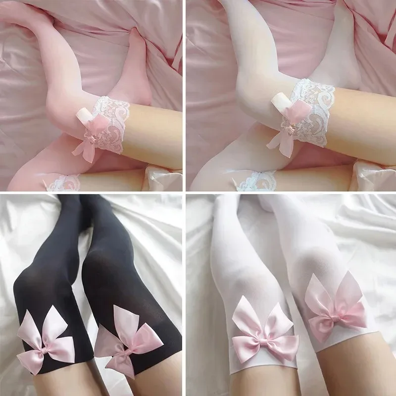 

Big Pink Bowknot Lovely Thigh High Knee Sexy Stockings Girls Sweet Lace Over Knee Stockings Ladies Sexy Lingerie Stockings
