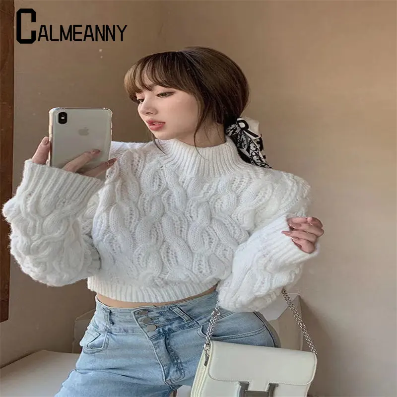 Spring Autumn Ladies Sweaters Classy Preppy Style Cropped Pullovers Women Lovely Vintage Soft Mock Neck Daily Solid Long Sleeve