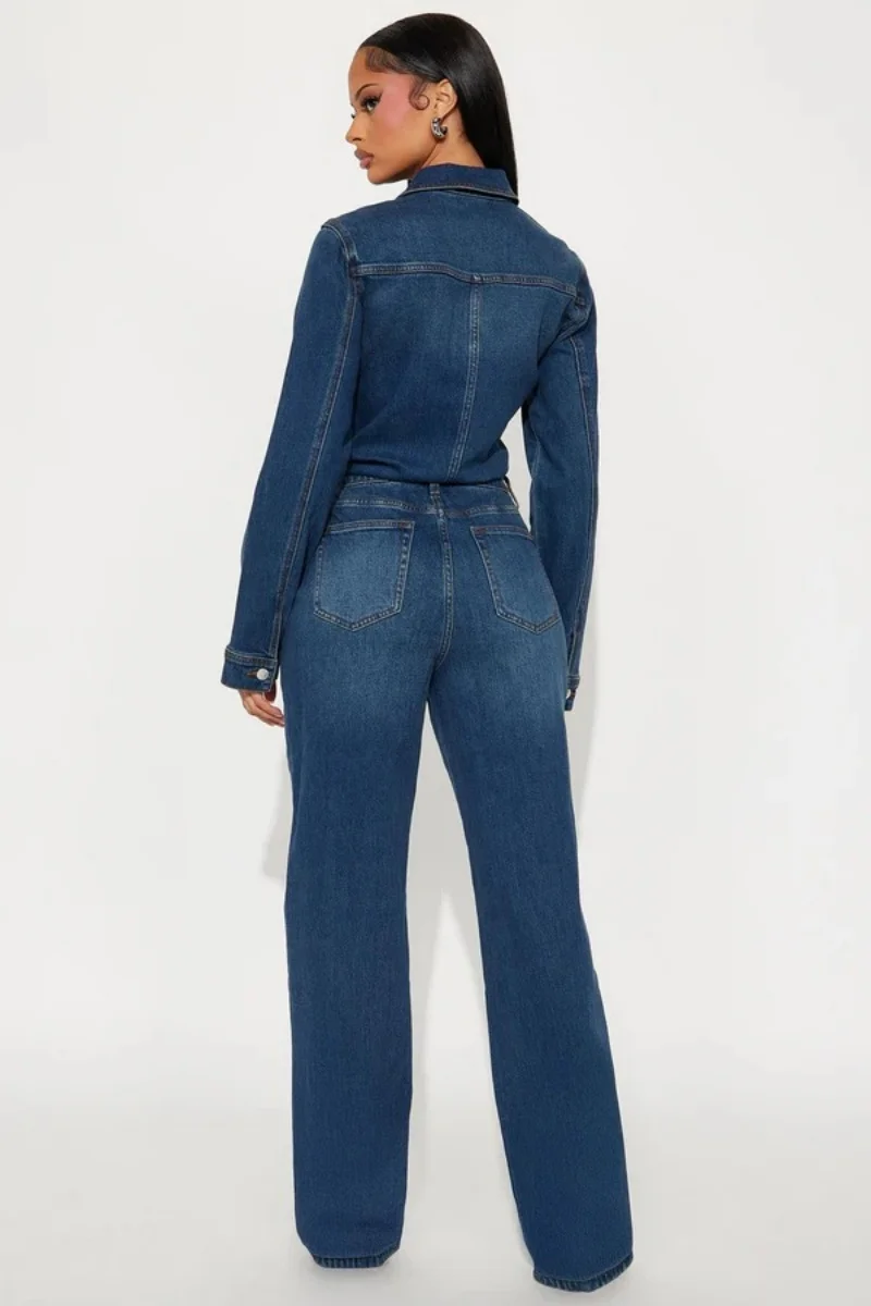 Tute di jeans vintage Abiti primaverili Donna Maniche lunghe Collo con risvolto Jeans dritti Pagliaccetti Tute Tute intere Tuta intera