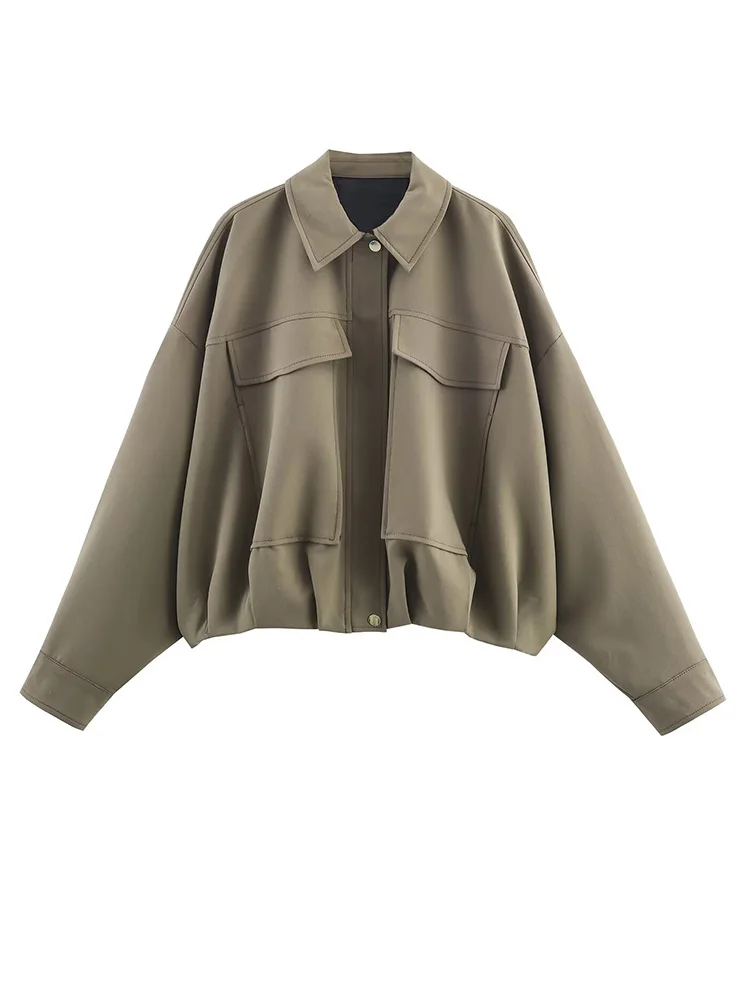 

HH Woman Winter Fashion Pleated Hem Pilot Jacket Solid Turn-Down Collar Zipper Single-Breasted Female Long-Sleeved Pockets Coat