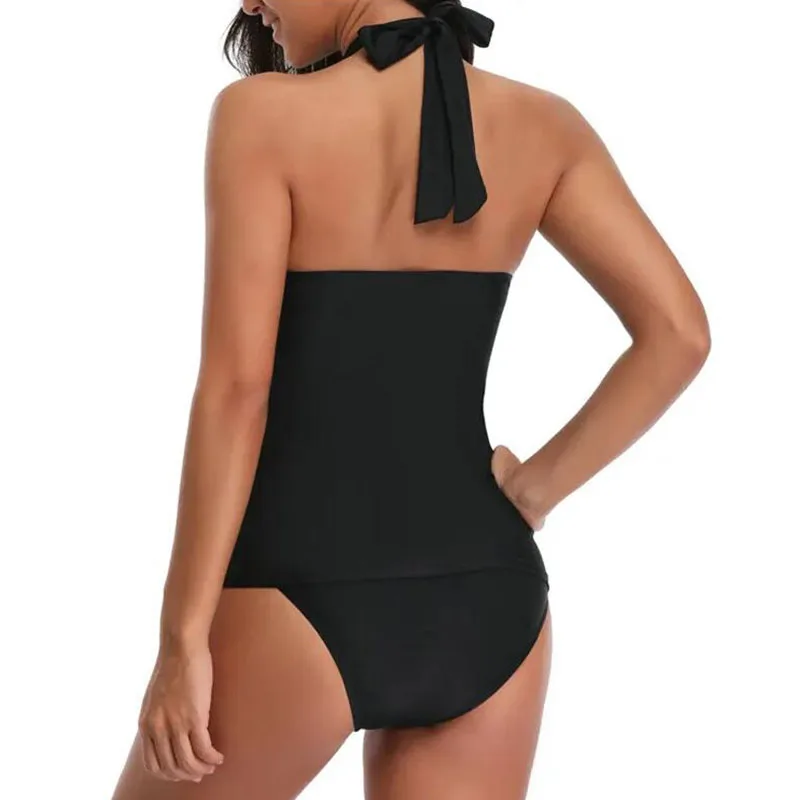 Traje de baño para mujer, traje de baño de dos piezas con cuello Halter, trajes de baño sexis sólidos, conjunto de Tankini negro, ropa de playa de verano