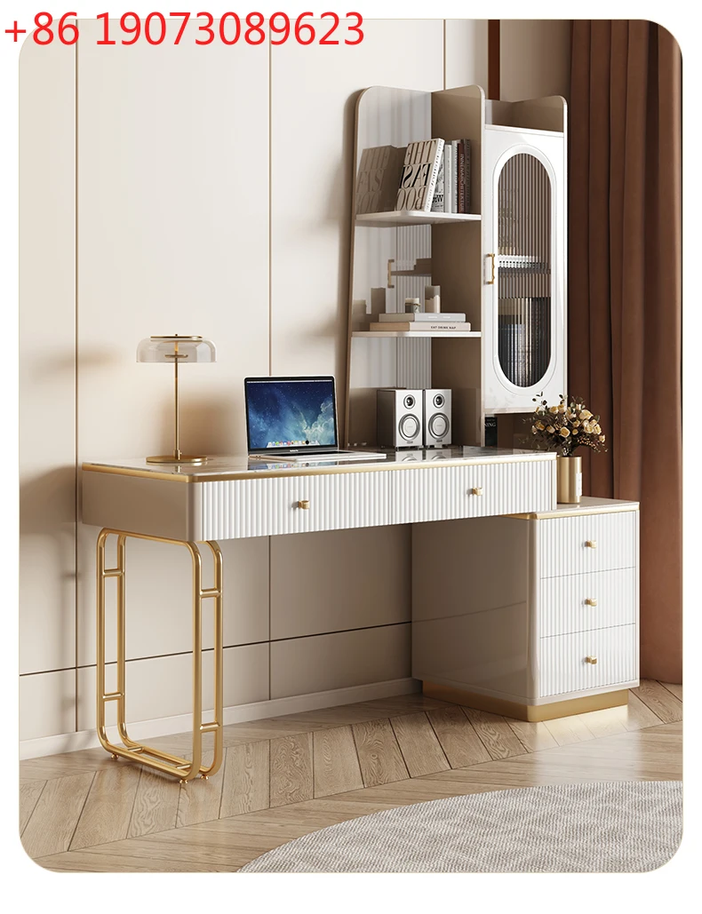 Modern simple cream style integrated retractable home study rock slab desk bookshelf