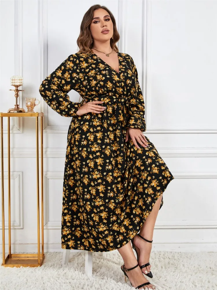 Plus Size jesienna kwiecista długa sukienka damska z kwiatowym nadrukiem z długim rękawem plisowana luźne sukienki damskie Casual modowa kobieca