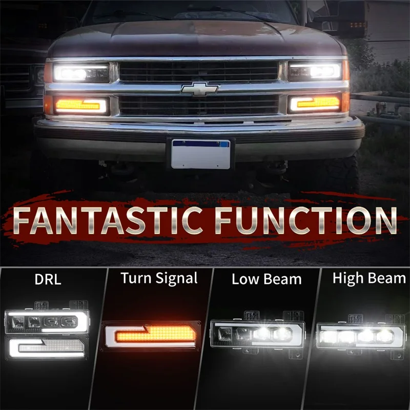 MOVOTOR With Welcome Light DRL Truck Turn Signal Light Headlight Replacement For 1988-1998 Chevy GMC Suburban Silverado