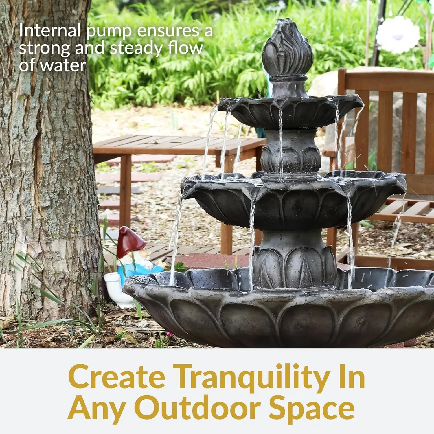 Sunnydaze Classic Tulip 46 in. 3-Tiered Outdoor Water Fountain - Dark Brown | Polystone Construction - 4-Gallon Water Capacity -
