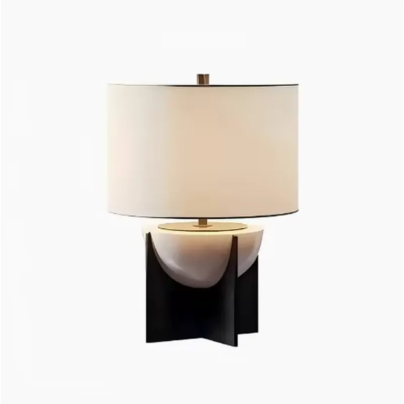 Natural Marble Table Lamp Black Metal Support Fabric Shade Modern Decorative Bedside Desk Lamp