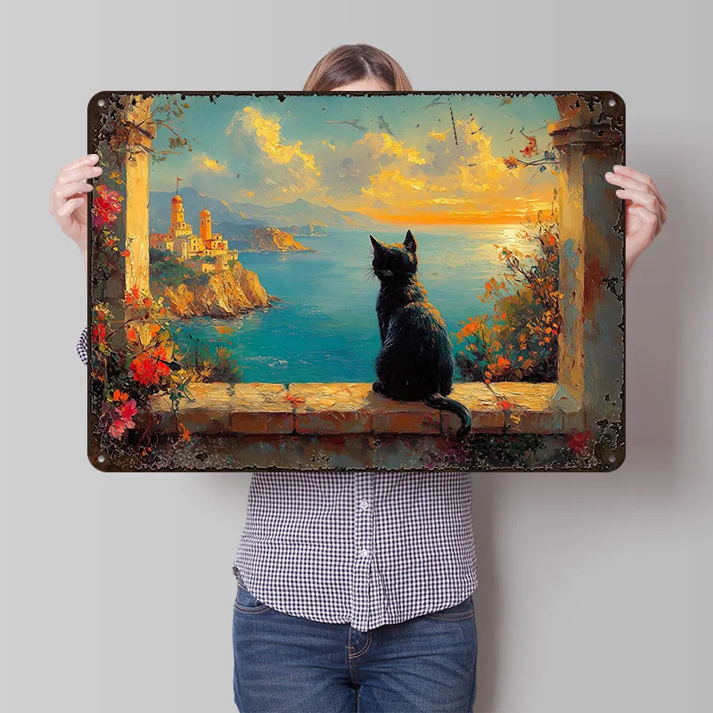 

Металлическая винтажная табличка с черным котом в греческом стиле, на заказ, для современного домашнего декора, украшение для дома