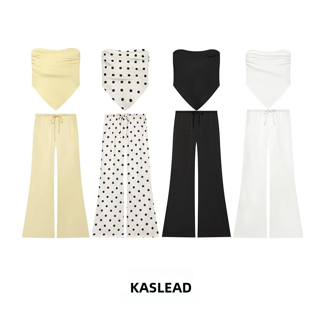 KASLEAD New Women's Silk Satin Feel Belted Top Pants High Waist Polka Dot Pattern Casual Trousers High Quality Ladieswear