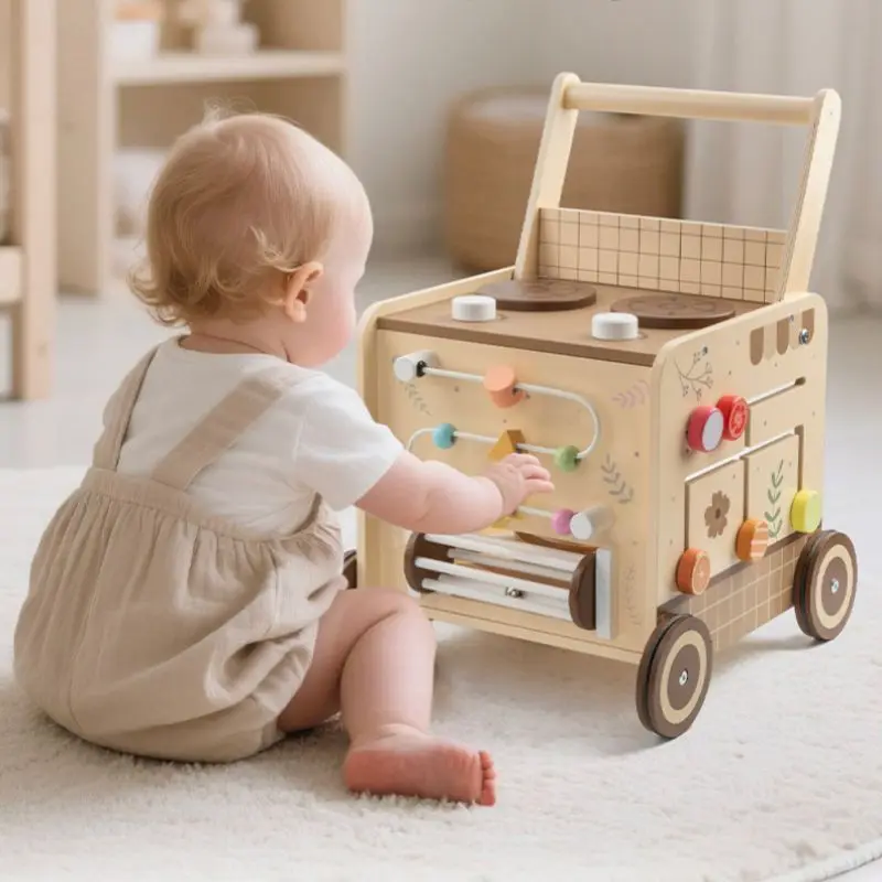 

Wooden multi-functional early education stroller for children aged 0-3 years Old. Baby walking aid stroller