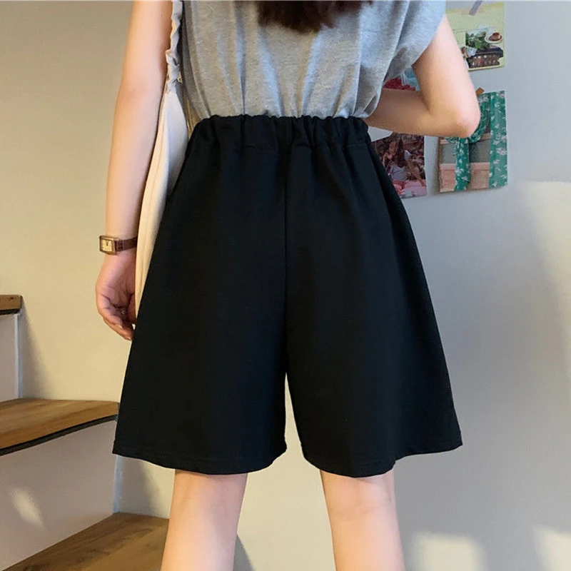 Summer Gray Shorts Women Fashion Ladies Elastic Waists Shorts Female High Waist Streetwear Wide-leg Oversize Simple Unisex Short