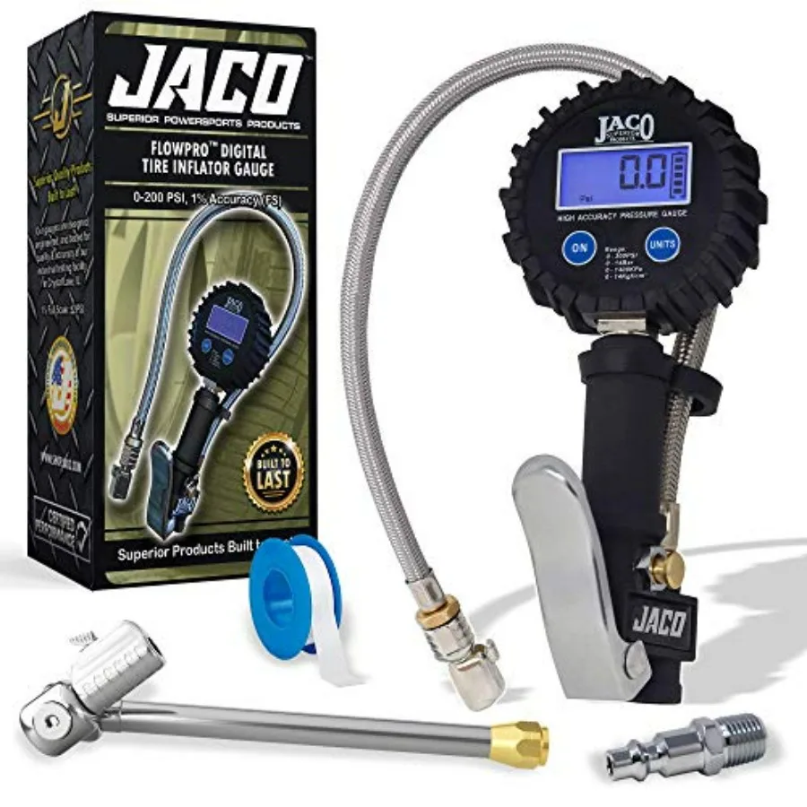 

Цифровой датчик накачки шин JACO FlowPro 200 фунтов на квадратный дюйм с комплектом двойного воздушного патрона с фиксатором для автомобильного использования, черный, высокого давления