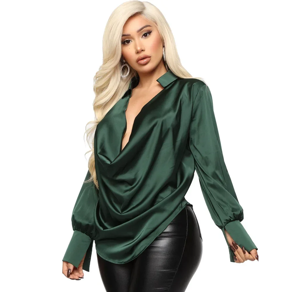 Prowow Elegant Office Lady Blouses V-neck Sexy Long Sleeve Satin Women Shirts 2024 New Solid Color Female Tops Clothes