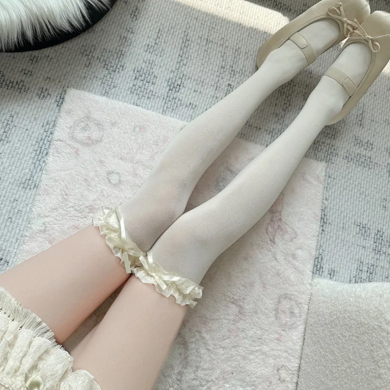 Young Girls Lolita Velvet Socks Long Tassel Ribbon Bow Decoration Pretty Lace Trim Elastic Comfortable Calf/Over Knee Stockings