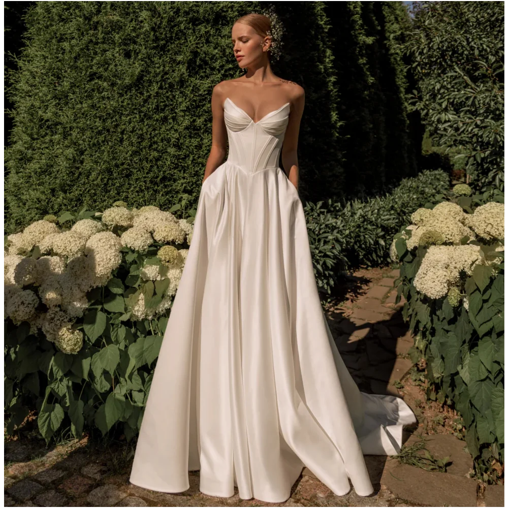 Simple A Line Wedding Dress Morden Sweetheart Stain Pearls Bridal Gown Floor Length Customized Women Pleat Vestidos De Mariee