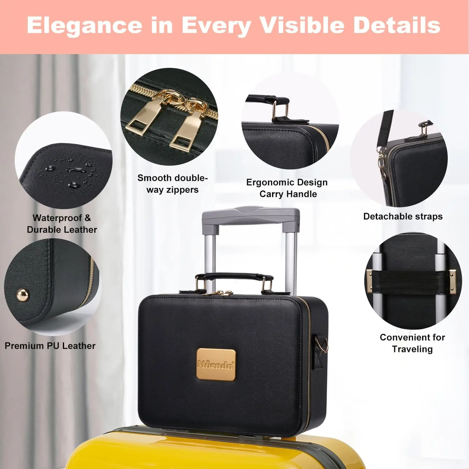 حقيبة مكياج للسفر بإضاءة LED مع مرآة مكبرة 10 مرات، وفواصل قابلة للتعديل وتخزين محمول (جلد أسود)