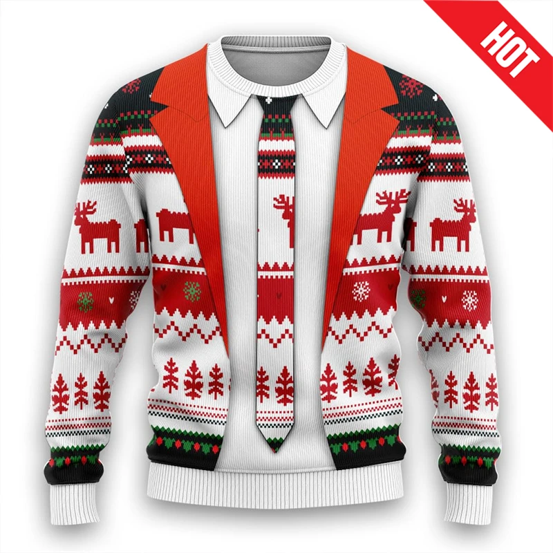 Men Women New Year Eve Xmas Sweatshirts Kid 3D Funny Suit Print Holiday Party Jumper Top Couples Pullover Ugly Christmas Sweater