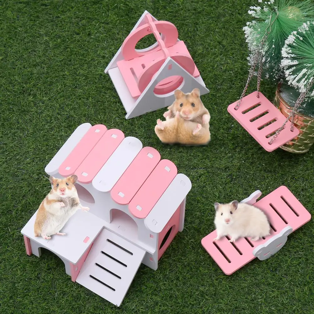 Hamster Play Toys Set Wooden Hamster House Boredom Breaker Activity Toy DIY Hamster Cage Accessories for Small Pets