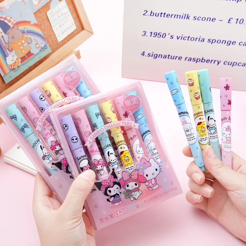 6Pcs Sanrio Highlighter Pen Set Hello Kitty Kawaii Kuromi Melody Cinnamoroll Art Fluorescent Markers Pens School Office Statione