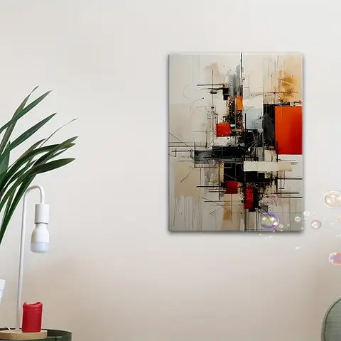 A decorative abstract geometric canvas art - modern orange、Gray and White Design，Comes with a wooden frame，Living Ro