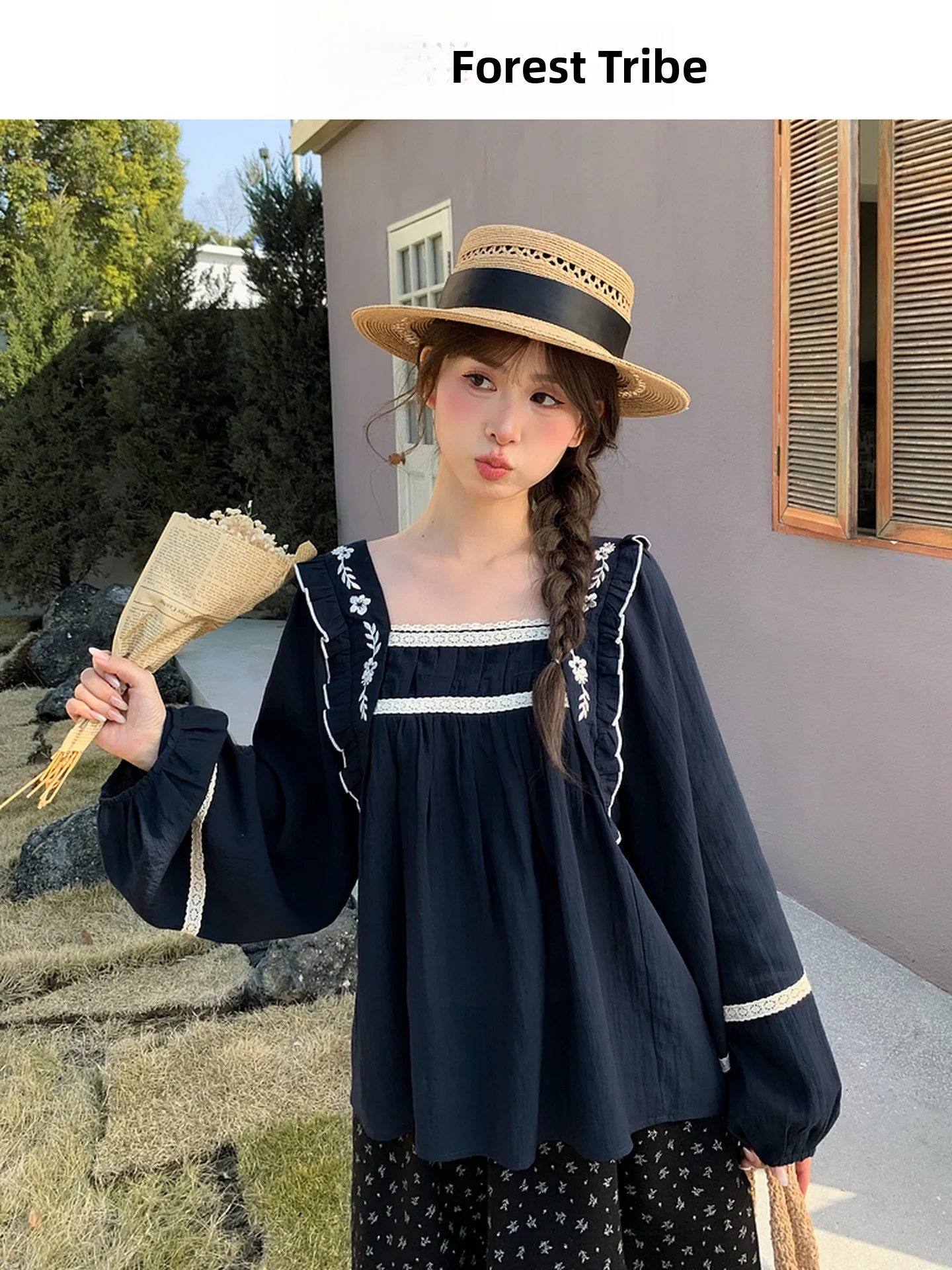 

Sweet Style Loose Embroidered Square Collar Lace Patchwork Design Women's Shirt Spring New Style Versatile Breathable Casual Top
