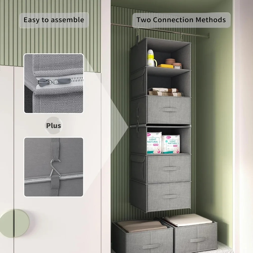 أرفف معلقة مكونة من 6 طبقات للخزانة، منظم خزانة معلق مكون من 3 أرفف مع 4 جيوب جانبية و3 أدراج، قابل للتدمج في النوم #5