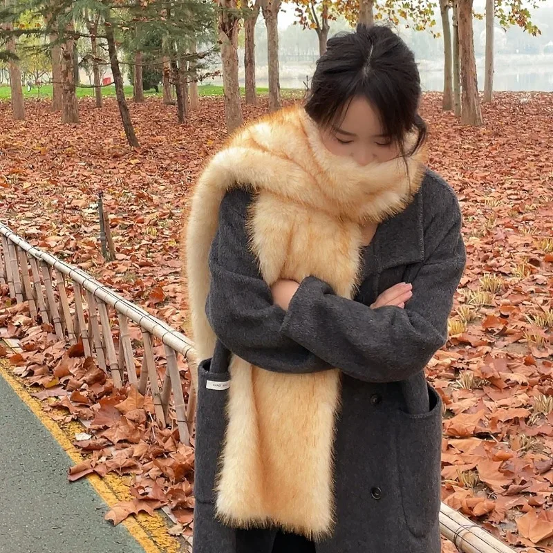 2025 New Winter Imitation Red Fox Fur Hairy Scarf for Women Retro Solid Color Atmosphere Fashionable Thick Warm Neck Commuter