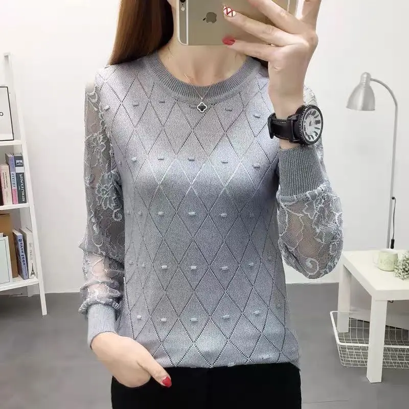 2024 Spring and Autumn New Arrivals Lace Hollow Out Loose Large Size Crew Neck Long Sleeve Solid Color Sweater Pullovers Tops