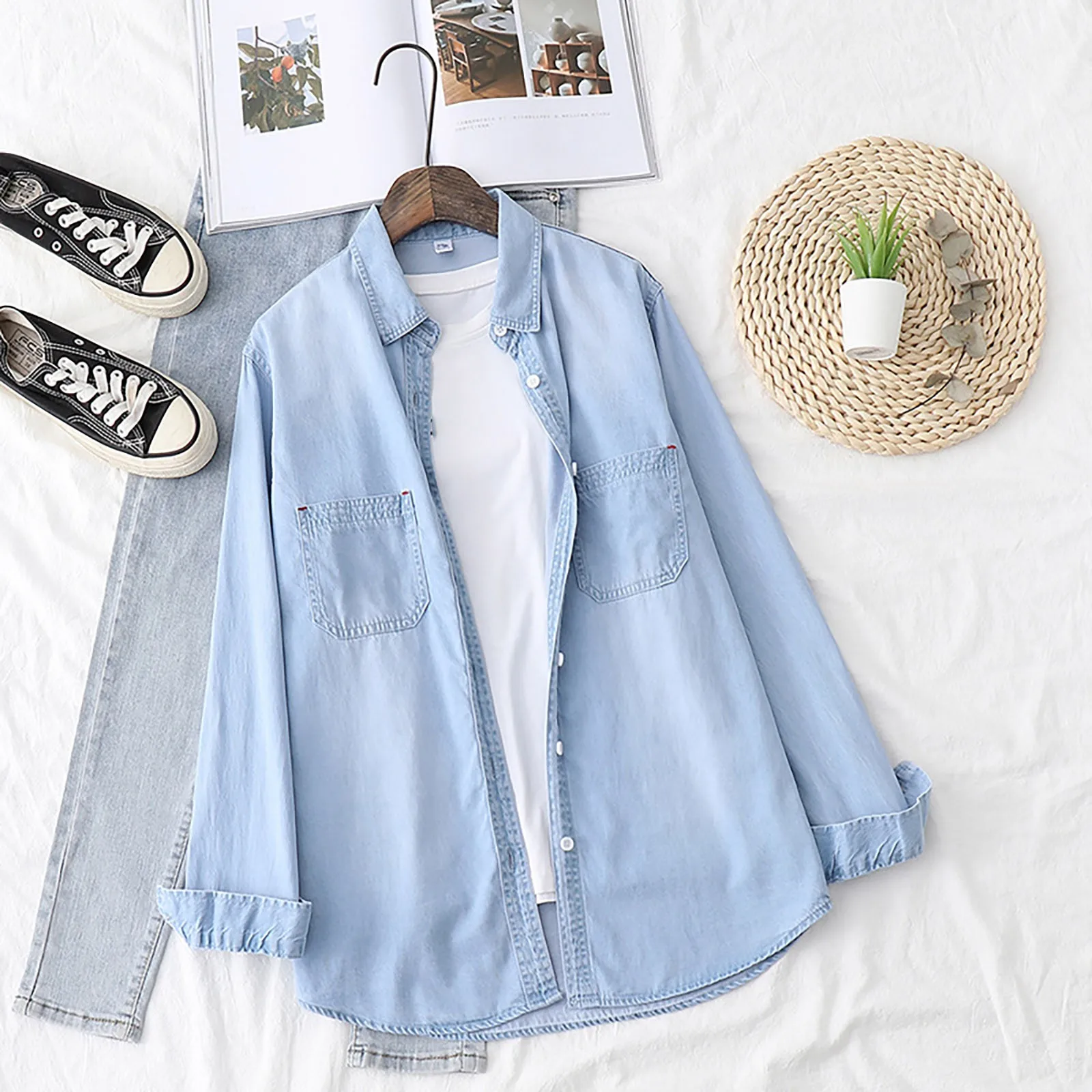 Retro Blauw Vrouwen Denim Shirt Nieuwe Koreaanse Mode Effen Single Breasted Shirt Top Lange Mouw Vrouwen Shirt Blouse Dames Kleding