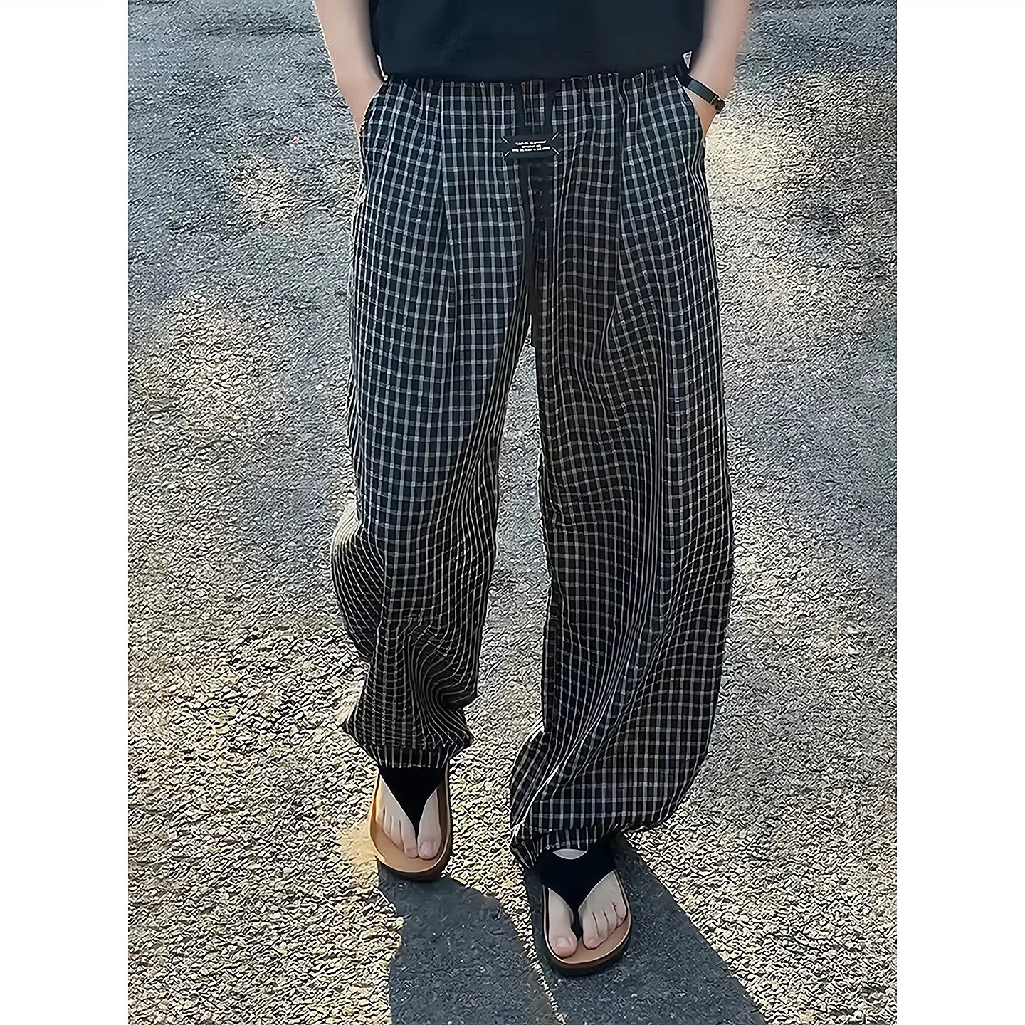 Black Seersucker Quick-drying Scimitar Plaid Pants Men's Summer Thin Versatile Wide-leg Pants Loose Straight Casual Pants