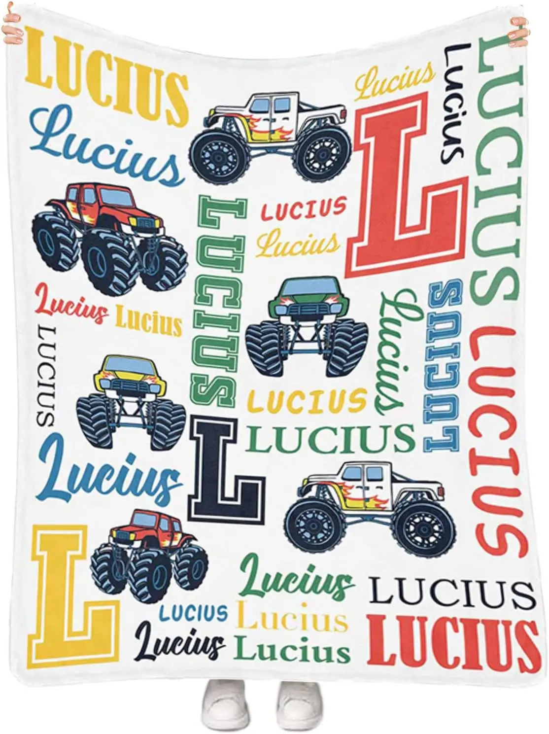 Personalized Baby Throw Blanket for Teen Boys, Custom Name Blanket with Monster Trucks Design, Toddler Kids Bedding