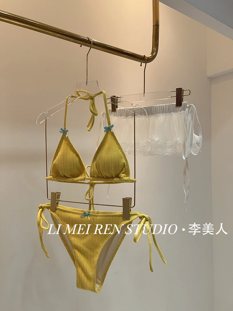 

Yellow bow bikini swimsuit three piece set, puffy skirt for women